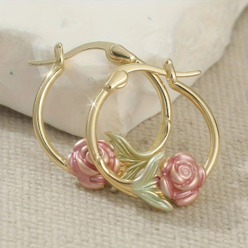 Huitan Gentle Enamel Flower Fishtail Hoop Earrings for Women Luxury Gold Color Party Holiday Fresh Metal Accessories Jewelry