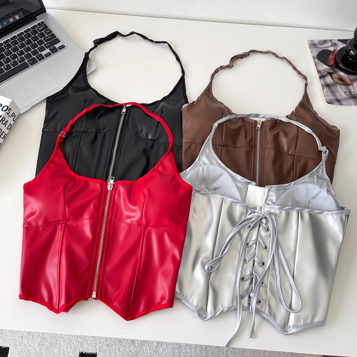 New Solid Women Leather Corset Top Crop Bustier Zippper Gothic Punk Bra Push Up Bodice Sexy Lingerie Corselet Party Short Camis