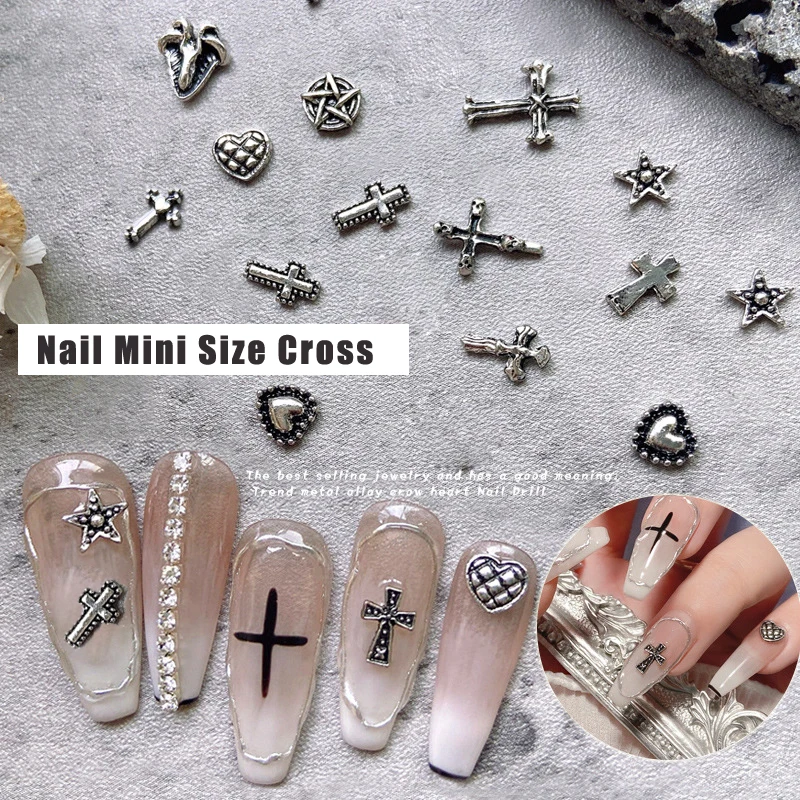 50pcs/Pack Nail Designs Charms Mini Cross Luxury Parts Wholesale Old Silver Heart 3d Charms For Cross Nails Punk Decoration Gems