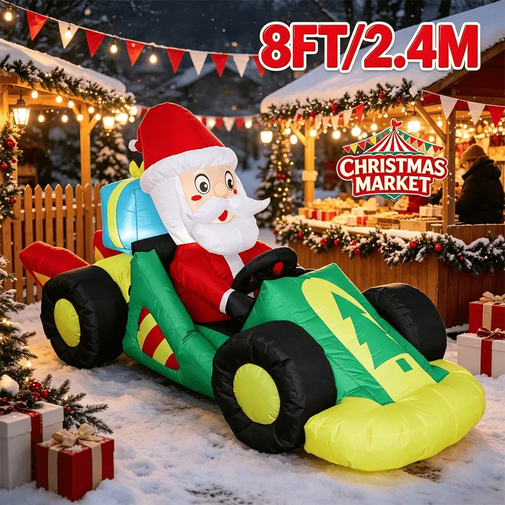 Christmas Market Style 8FT/2.4M Santa Race Car Inflatable Model Toy with LED Light Blow Up Snowy Garden Party Decor
