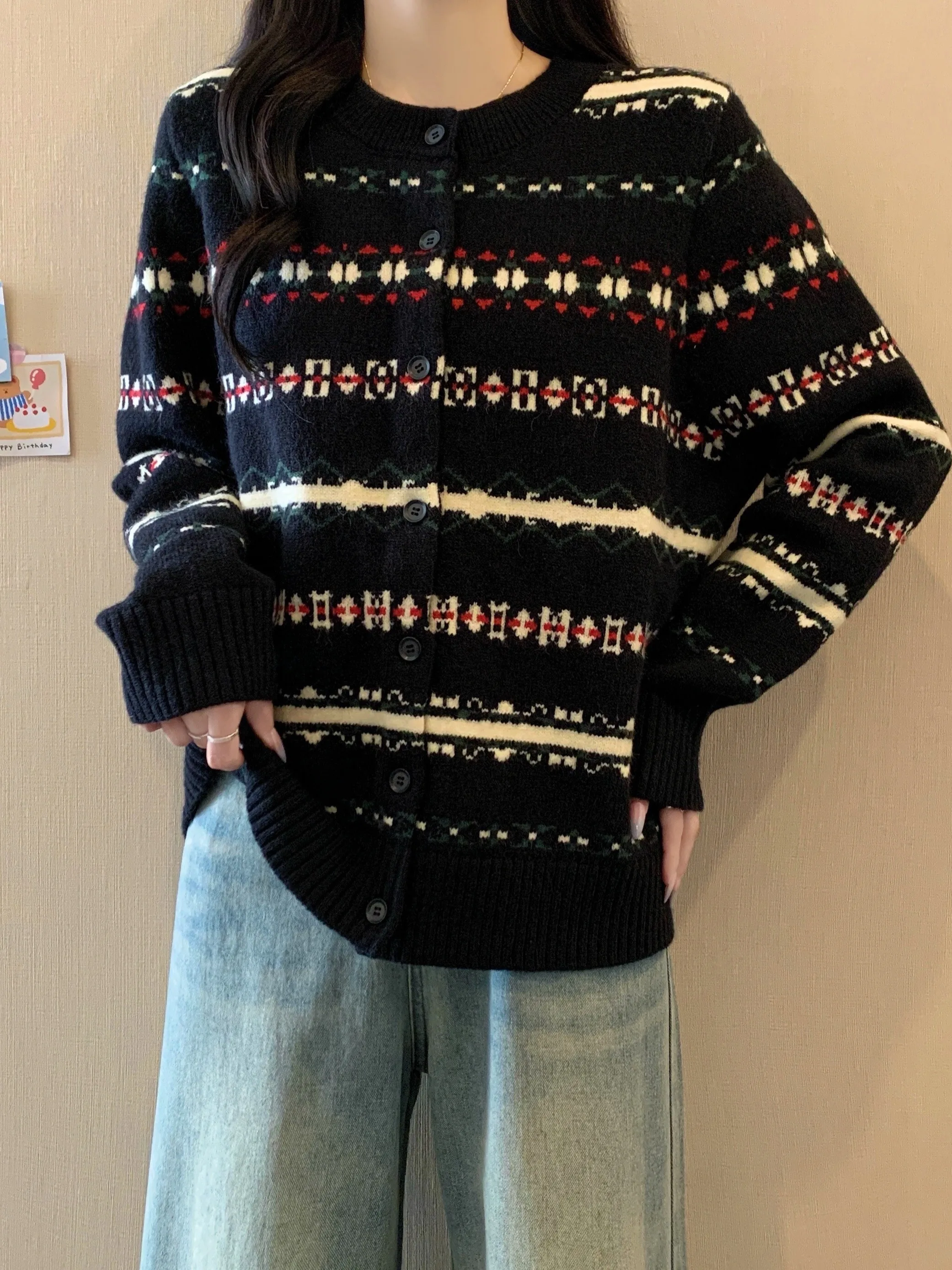 

plus Size Cisas Motif Knitted Sweater Thiened Lazy Work Double Color Weave Women's Autumn Winter Loose Versatile Knitwear