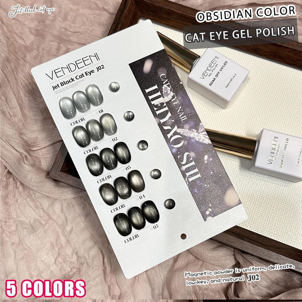 Vendeeni 5 Colors/set Black Crystal Cat Eye Gel Nail Polish UV LED Magnetic Black Jade Manicure Gel Nail Varnish With Color Card