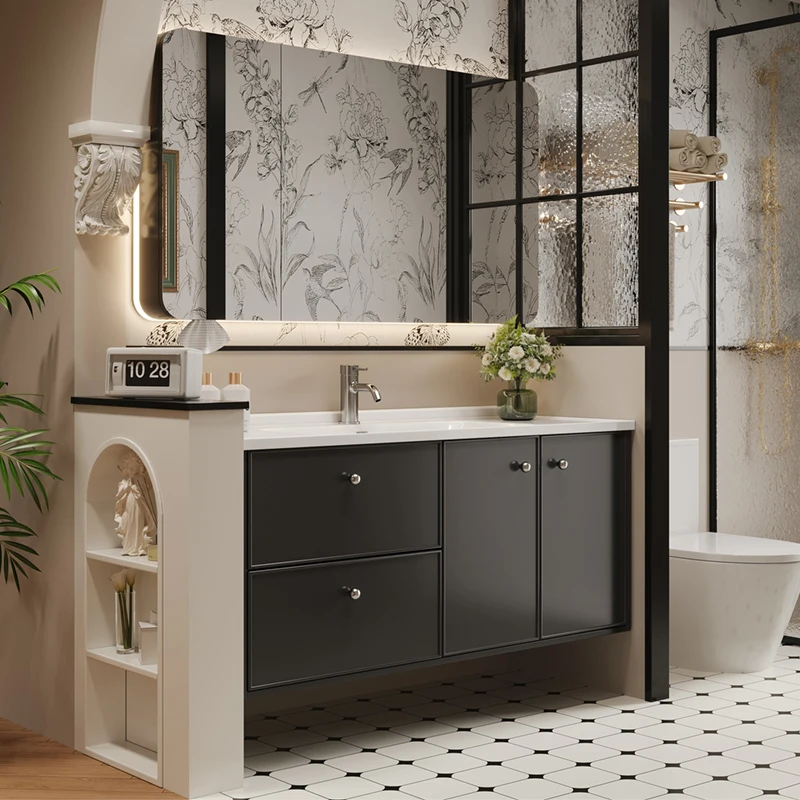 Mirrored Cabinet,Smart French-Style Retro Black Rubber Wood Bathroom Cabinet Integrated Ceramic Basin Bathroom Mirror Waterproof