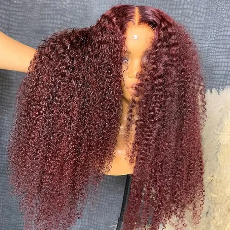 99j 26 "longo macio preplucked borgonha 180 densidade peruca dianteira do laço para preto feminino kinky encaracolado cabelo do bebê sem cola natural linha fina