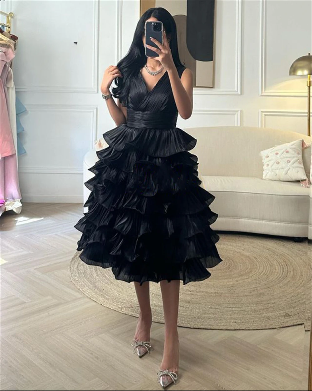 

Customized Jiayigong V-Neck Ball Gown Bubble Elegant Chiffon Evening Prom Black A-Line Party Dresses for Women 2023