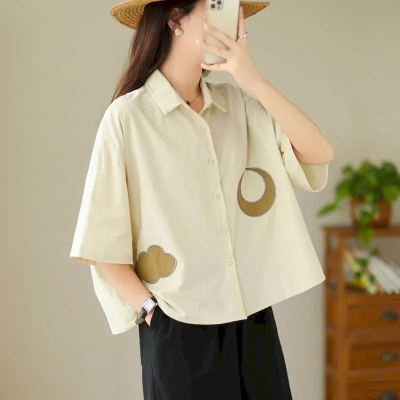 

Shirts for Women Vintage Short Sleeve Polo-neck Casual Single Breasted Korean Style Contrast Color Patchwork Blouse Women Tops