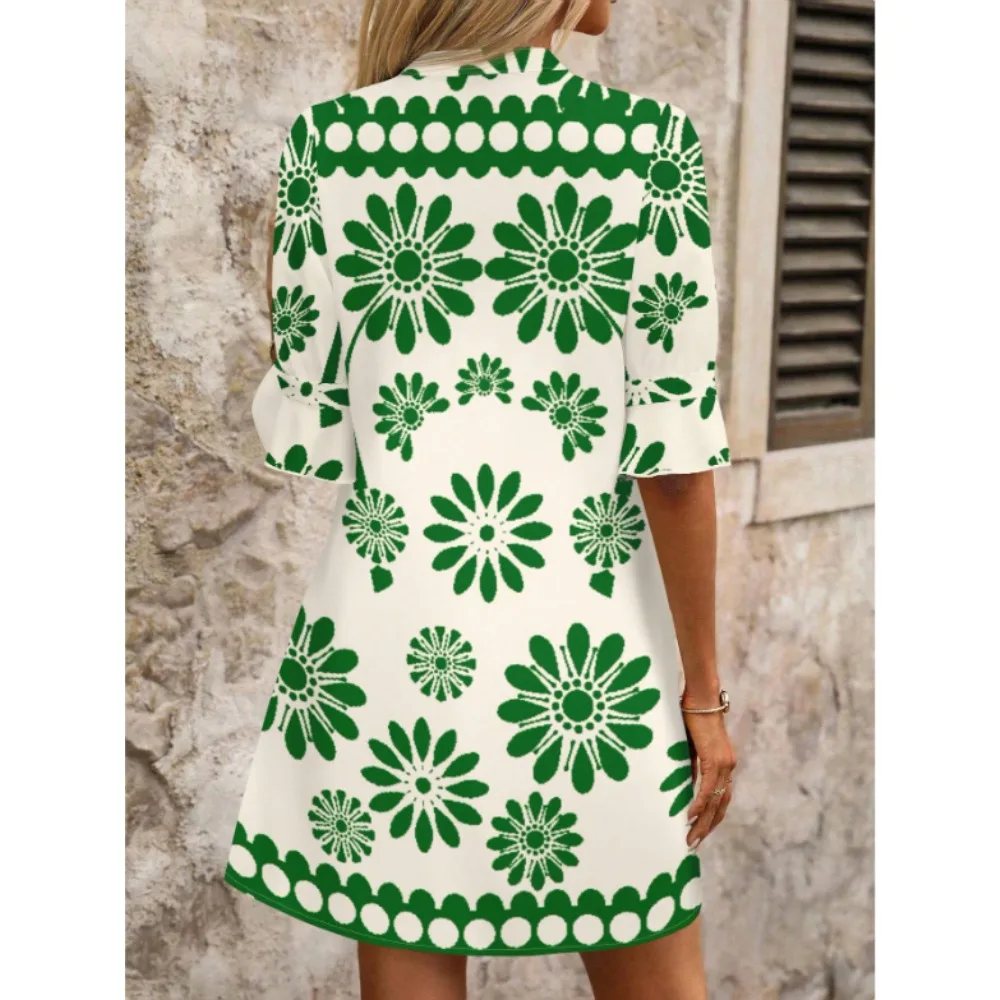 Letnie czerwone sukienki damskie z nadrukiem na lato 2025, krótkie, codzienne stroje damskie, letnie ubrania damskie w kwiaty, ubrania w stylu boho, spódnica do kolan.