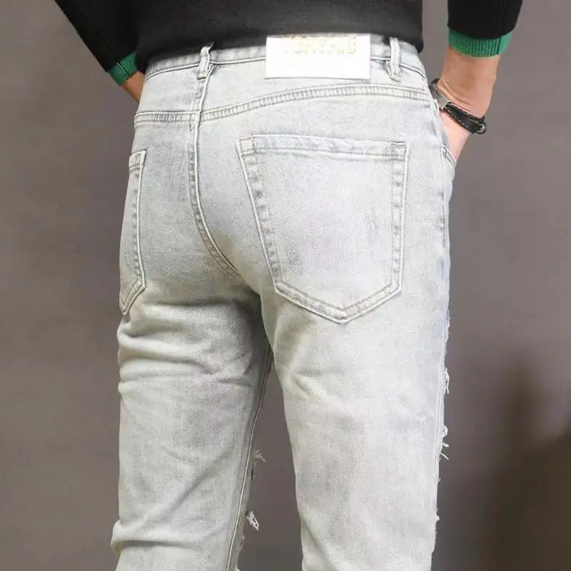 New Jeans Kpop Designer Luxury Fashion Men's Casual Denim Jeans with HOLE for Spring and Autumn Distressed Patch Washed Trousers