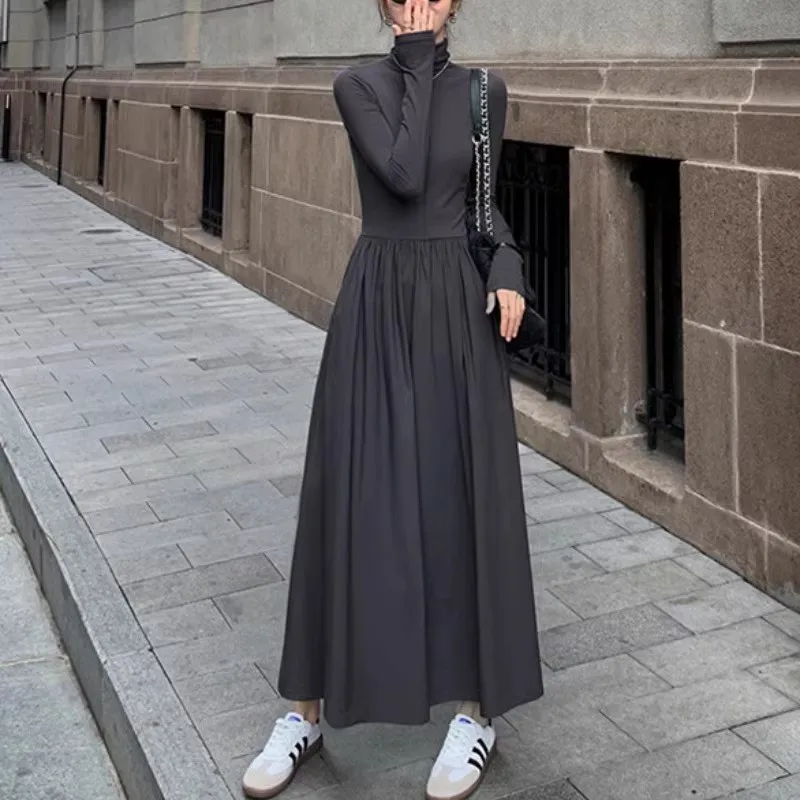 

Autumn Winter Slim Maxi Dresses Elegant Pretty One Piece Dress 2023 New Black Gray Turtleneck Long Sleeve Dress Women