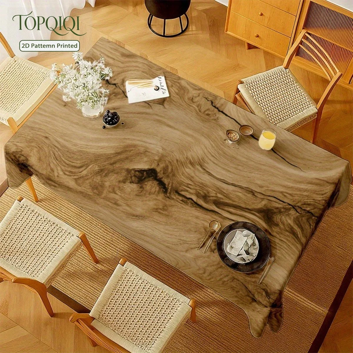 1 PC 2D plane printing realistic wood-grain tablecloth, suitable for dining tables and coffee tables