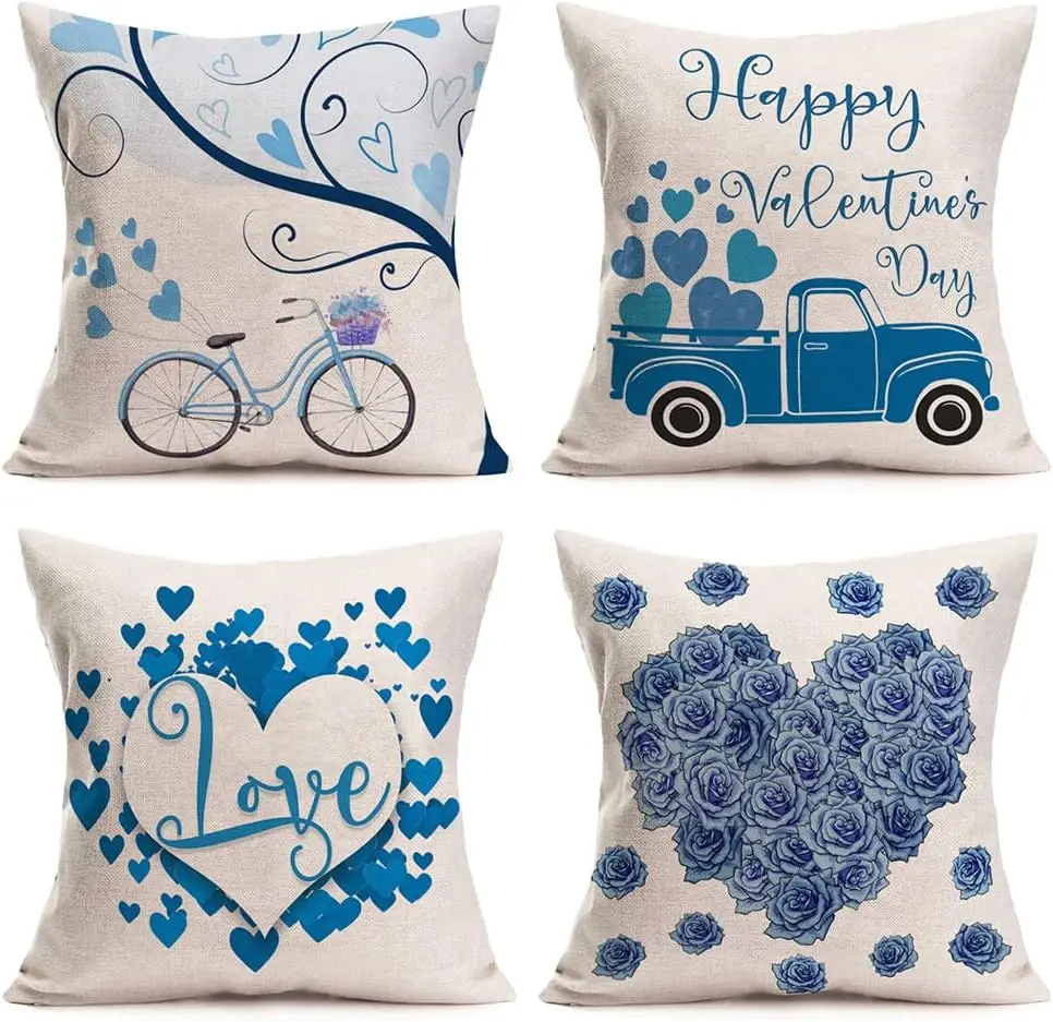 Happy Valentine's Day Blue Series Pillow Rose Love Bicycle Decoration Pillow Cover Suitable for Family Sofa Cushion Cover