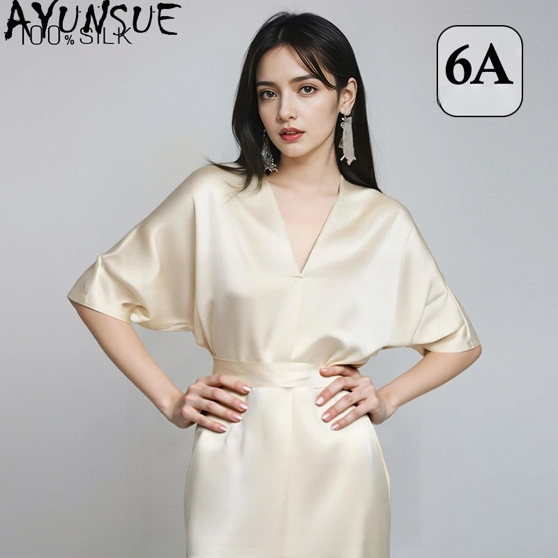 AYUNSUE 19Mm 100% Real Mulberry Silk Pajama Women Sleepwear Night Dress Woman 2026 Summer Clothes Women's Home Clothes Lace-up