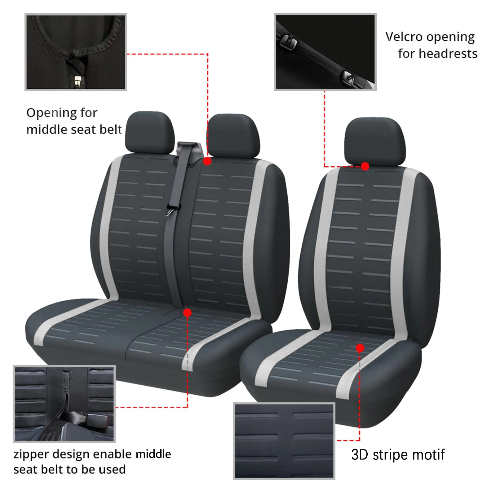 Das Autositzbezugs-Set umfasst 2 Sätze mit 2+1 Sitzbezügen und 1 Satz mit 3-Personen-Sitzbezügen. Geeignet für Autos mit 9 Sitzplätzen. – Detail 3