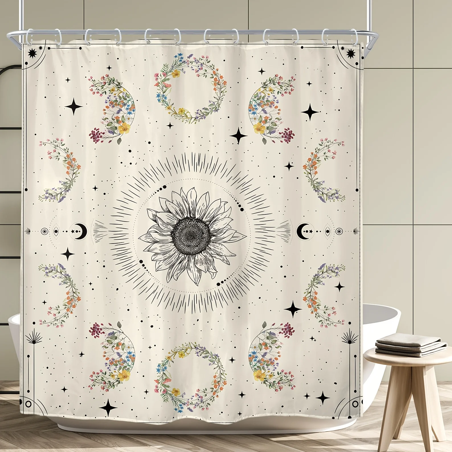 

Moon Phase Shower Curtain Celestial Wildflower Floral Herbs Bohemian Bathroom Curtain Stars Vintage Flower Beige Aesthetic Polyester Fabric Waterproof Machine Washable Bath Curtain Home Decor with 12 Plastic Hooks Bathroom Accessories