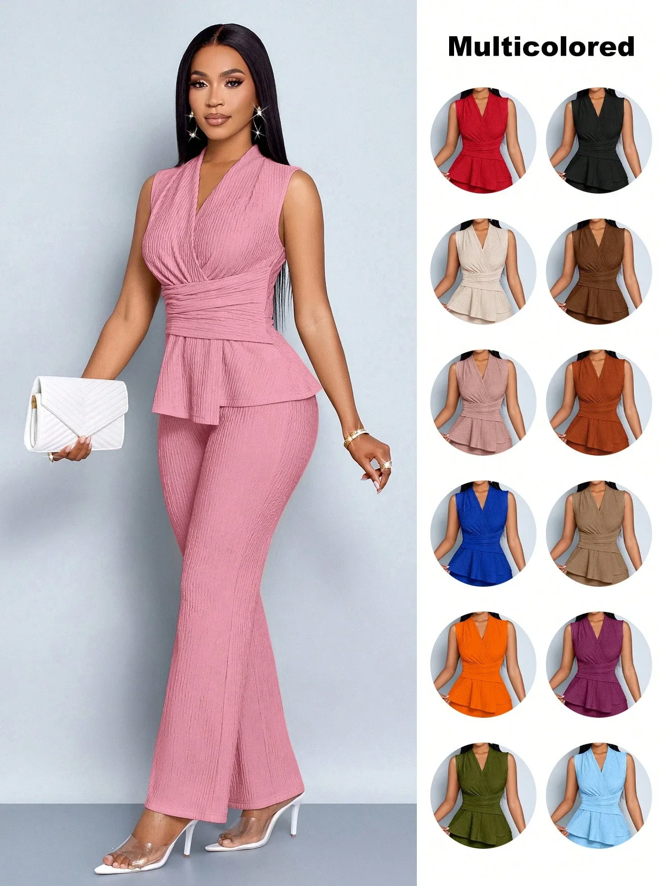 

Женский комплект из топа без рукавов с V-образным вырезом и брюк-клеш, элегантный повседневный наряд