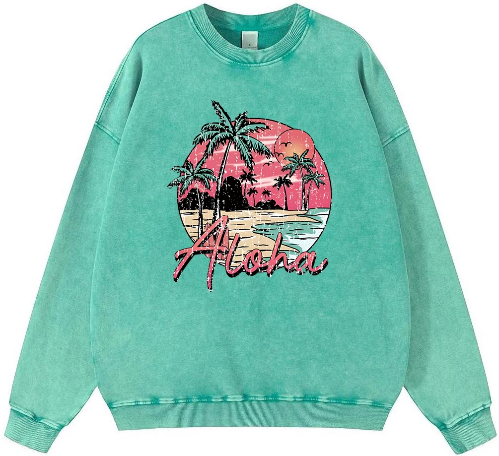 Aloha Hawaii Beach Sunset Scenery Mens Vintage Washed Cotton Sweatshirt Vintage Oversize Pullover Oversize Warm Autumn Casual