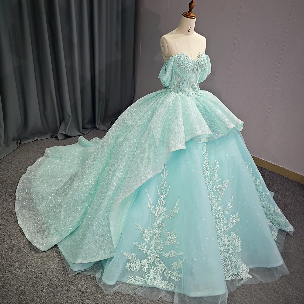 Espartilho vestido de baile 2025 tule renda colher fora do ombro até o chão personalizado quinceanera anos vestido transporte da gota dy9995