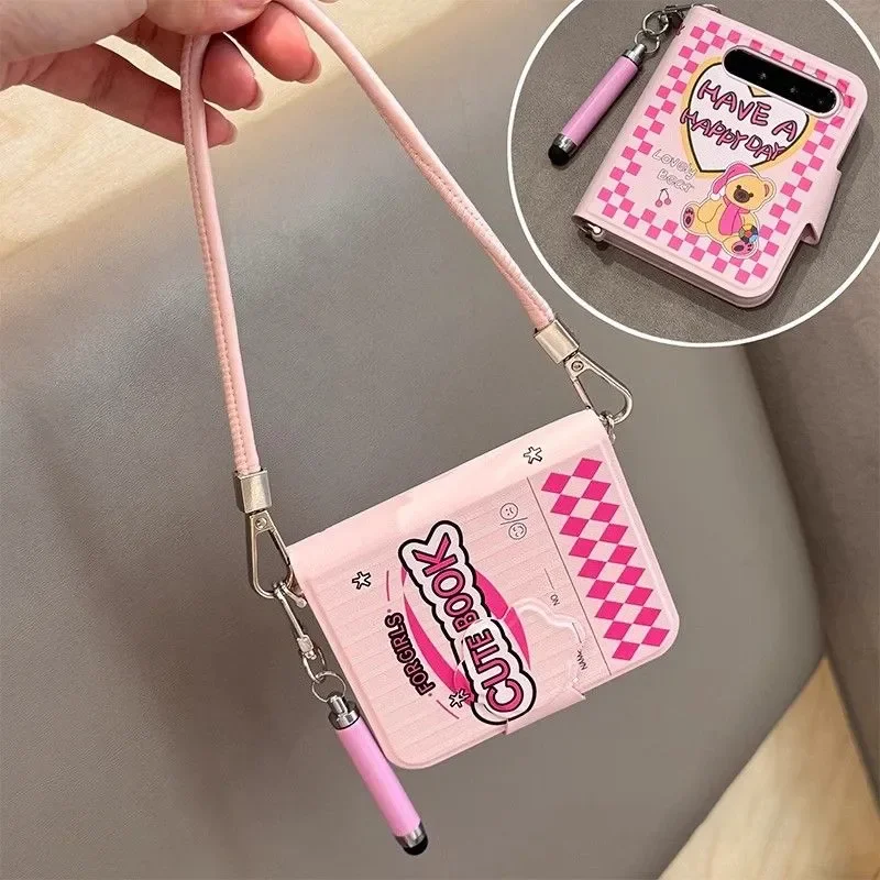 

For Samsung Z Flip 6 5 Cute Case with Stylus&hinge Kawaii Pink Book Style Phone Case For Oppofindn2 N3flip/Xiaomi Mix Flip Cover