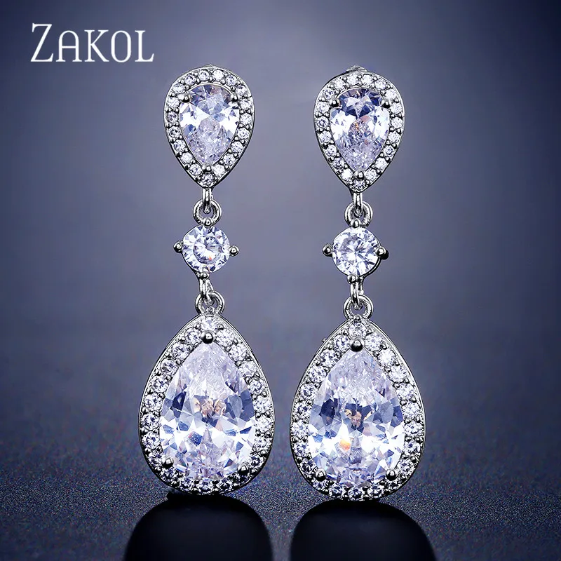 ZAKOL Shinny Water Drop Cubic Zirconia Dangle Earrings for women Exquisite Bridal Wedding Party Jewelry EP2288