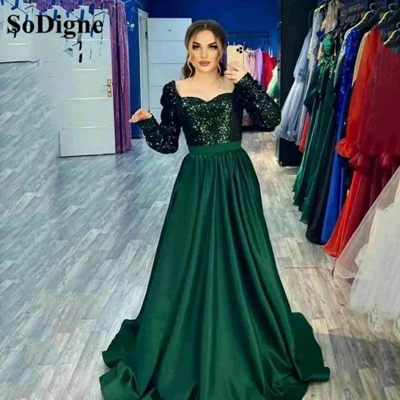 

SoDigne Evening Dress For Wedding Party Sequins Shiny Long Sleeves Satin Dark Green Arabic Prom Gowns Celebrity Dress 2023