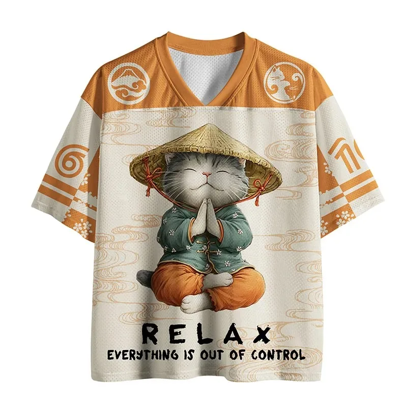 Trendy Serene Zen Meditating Cat Unisex Short Sleeve Tee Calligraphy Art Tee For Meditation Retreat Casual Street Daily Hangout
