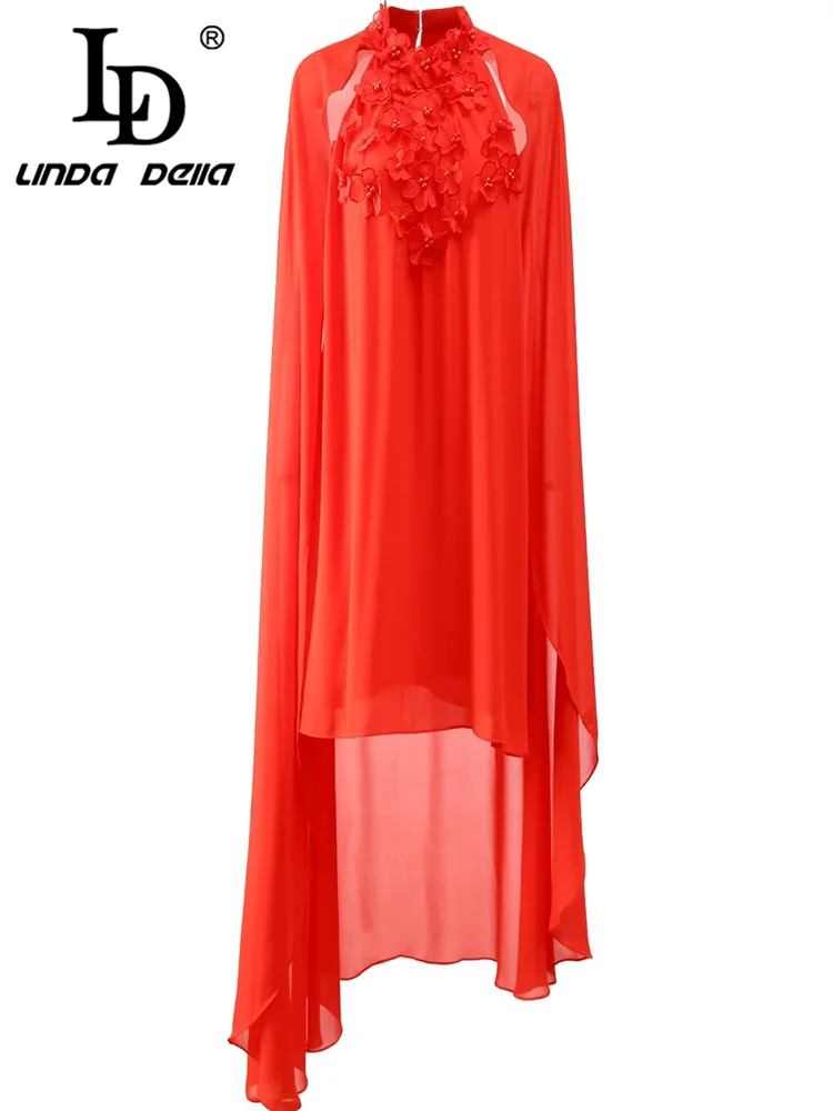 

LD LINDA DELLA Fashion Design Women's Cloak Dress Summer Stand Collar Appliques Loose Waist Solid Color A Line Dresses