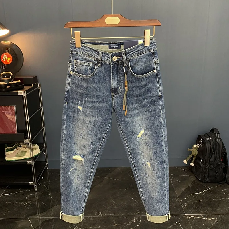 

Trendy Men's Jeans High Waist Mid-Rise Slim Fit Nine-Piece Pants Cuffed Elastic Versatile Hole Punching Summer Denim Jeans