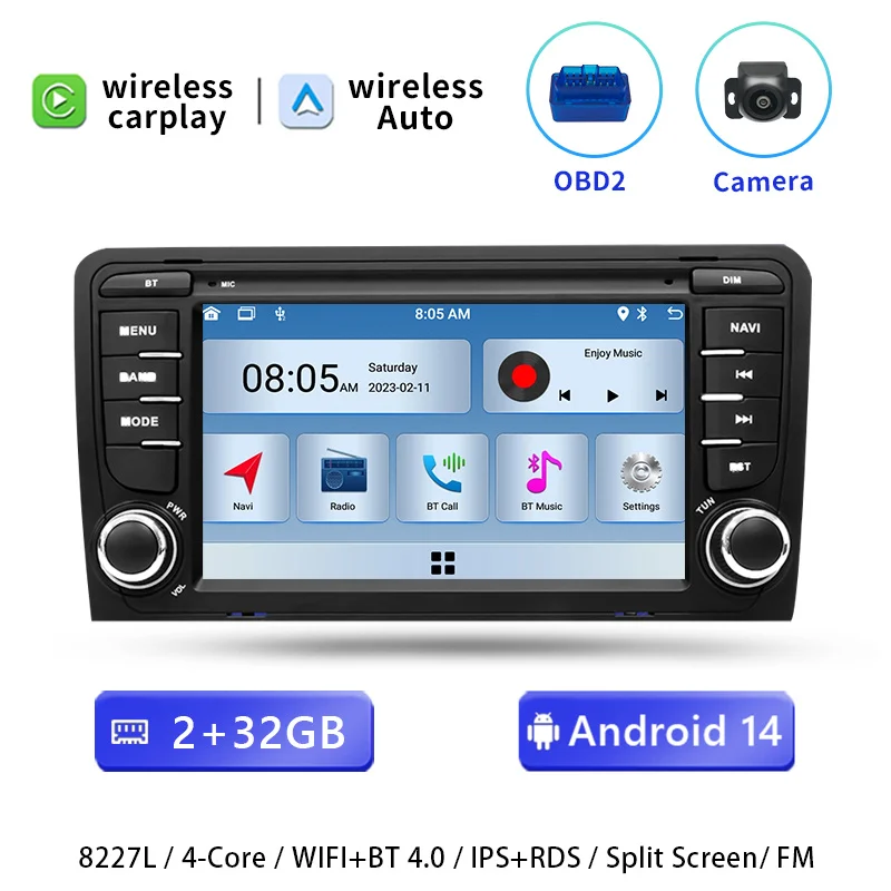 7'2 DIN draadloze CarPlay Android 14 autoradio voor Audi A3 8P 8L S3 RS3 8E/8H S4/B5 B7 2003-2012 Sportback Seat Exeo Multimedia GPS navigatiescherm stereo Wifi 4G 128GB