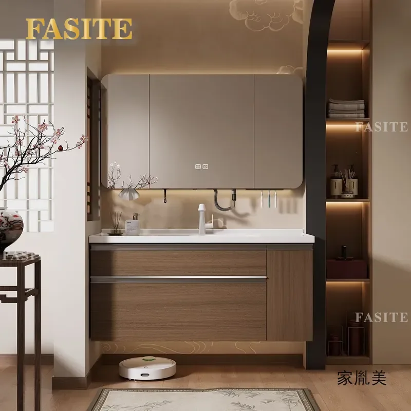 Japanese Style Bathroom Vanity Cabinet with Ceramic Integrated Basin and Pull Out Basket Storage Modern Wall Mounted Sink