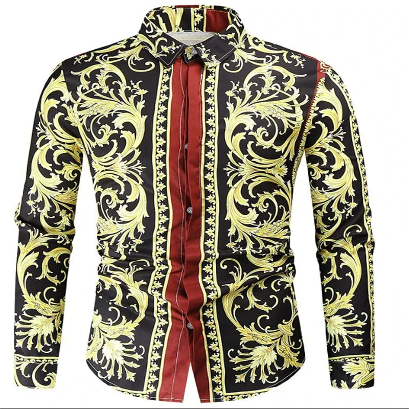 Men's shirts with personalized pattern printed lapel long sleeves large size daily business casual comfortable long sleeves