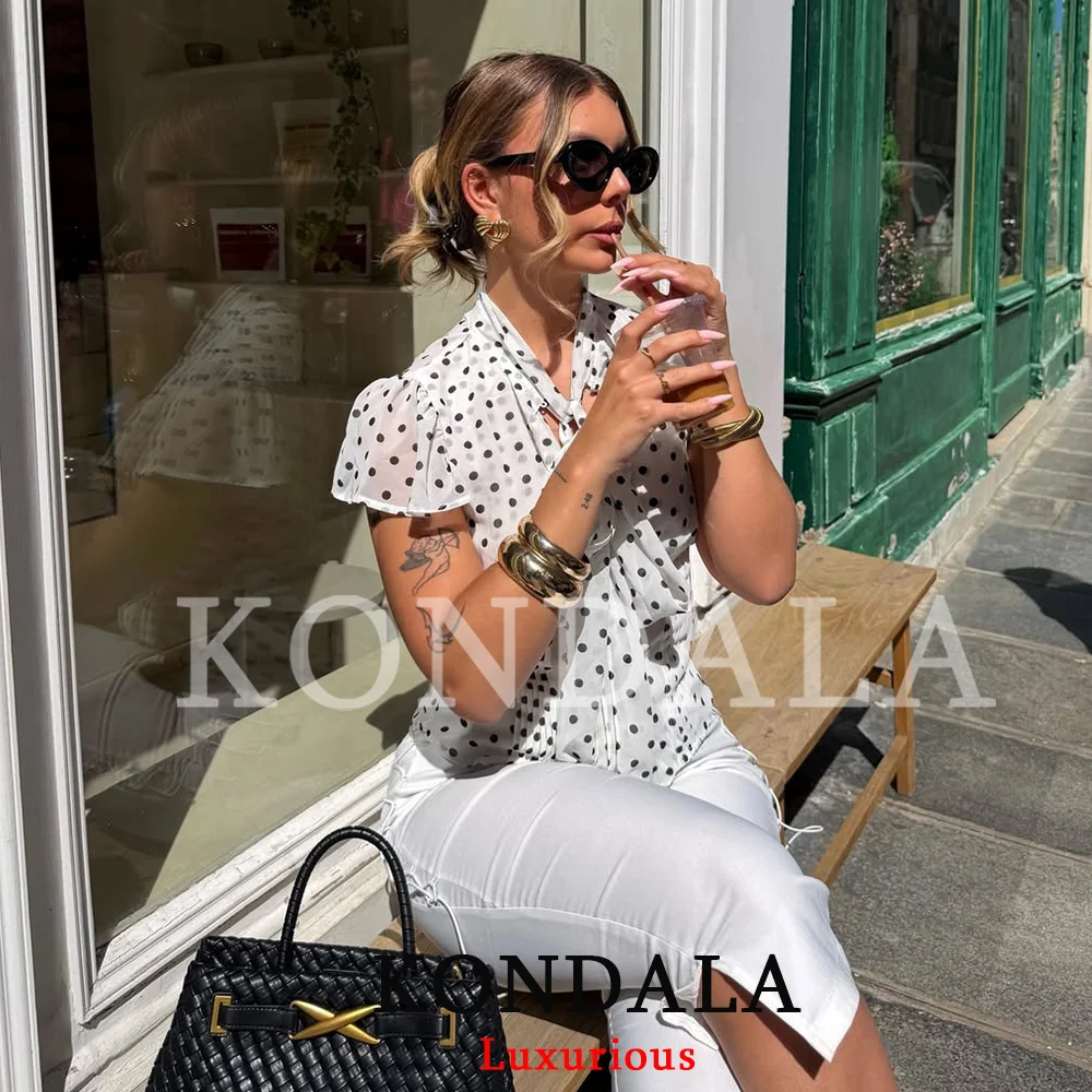 

KONDALA Elegant Chic Women Blouse Dot Bow Short Sleeve O-Neck Loose Blouse Fashion 2026 Spring Summer Night Out Holiday Blouse