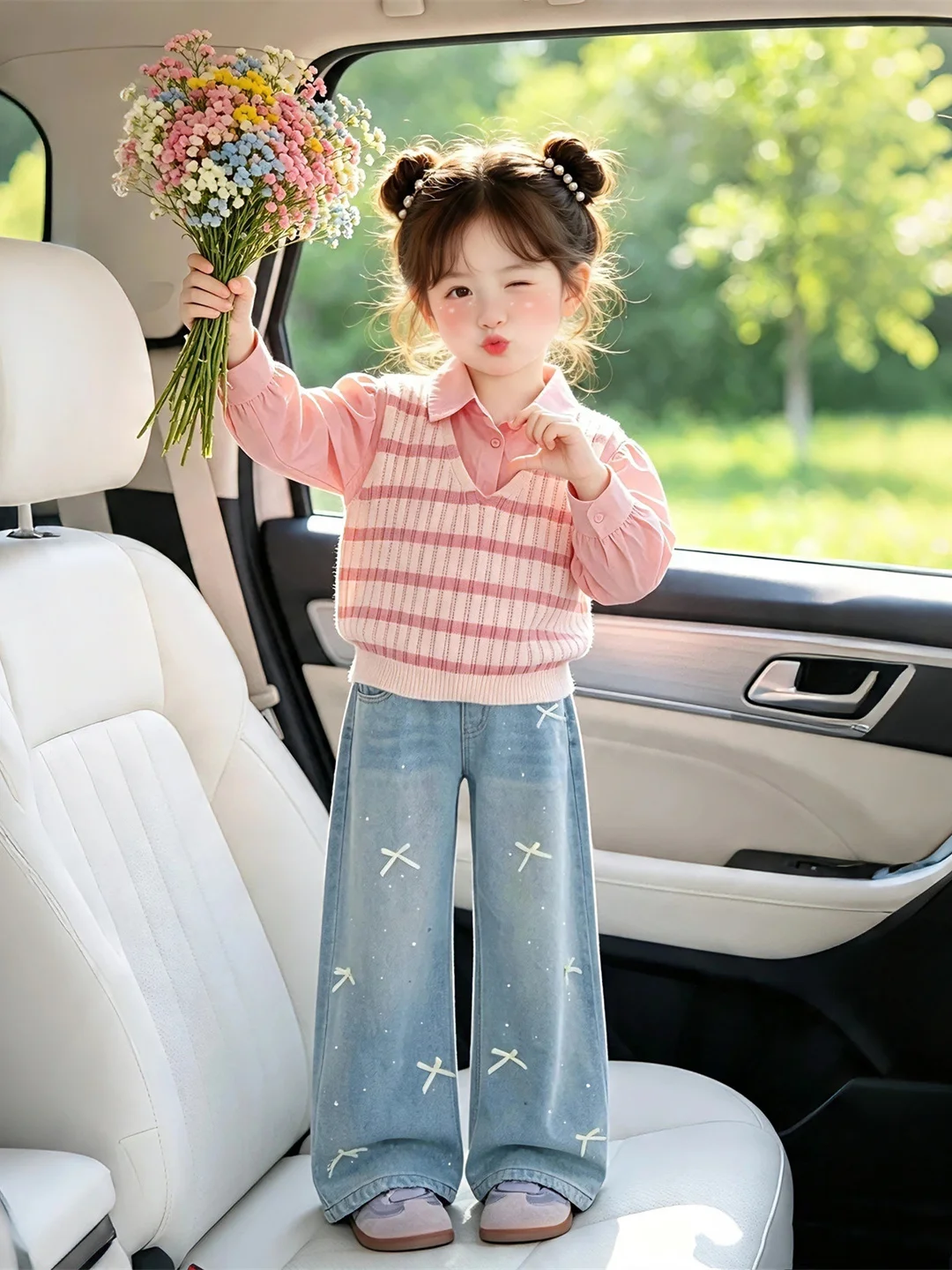 Girls Long Sleeve Shirt Striped Vest Rhinestone Jeans Three Piece Set Fashionable Autumn Wear for Kids under 17 Years Old