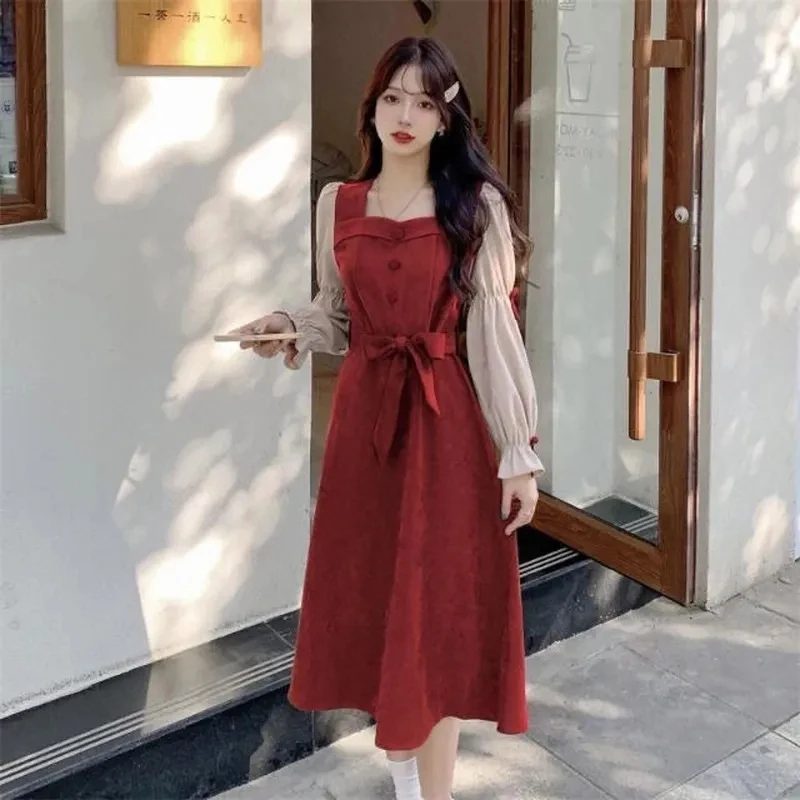 French Style Square Collar Flare Sleeve Dresses Women Vintage Waist Red Corduroy Dress Woman 2023 Autumn Patchwork Midi Dress