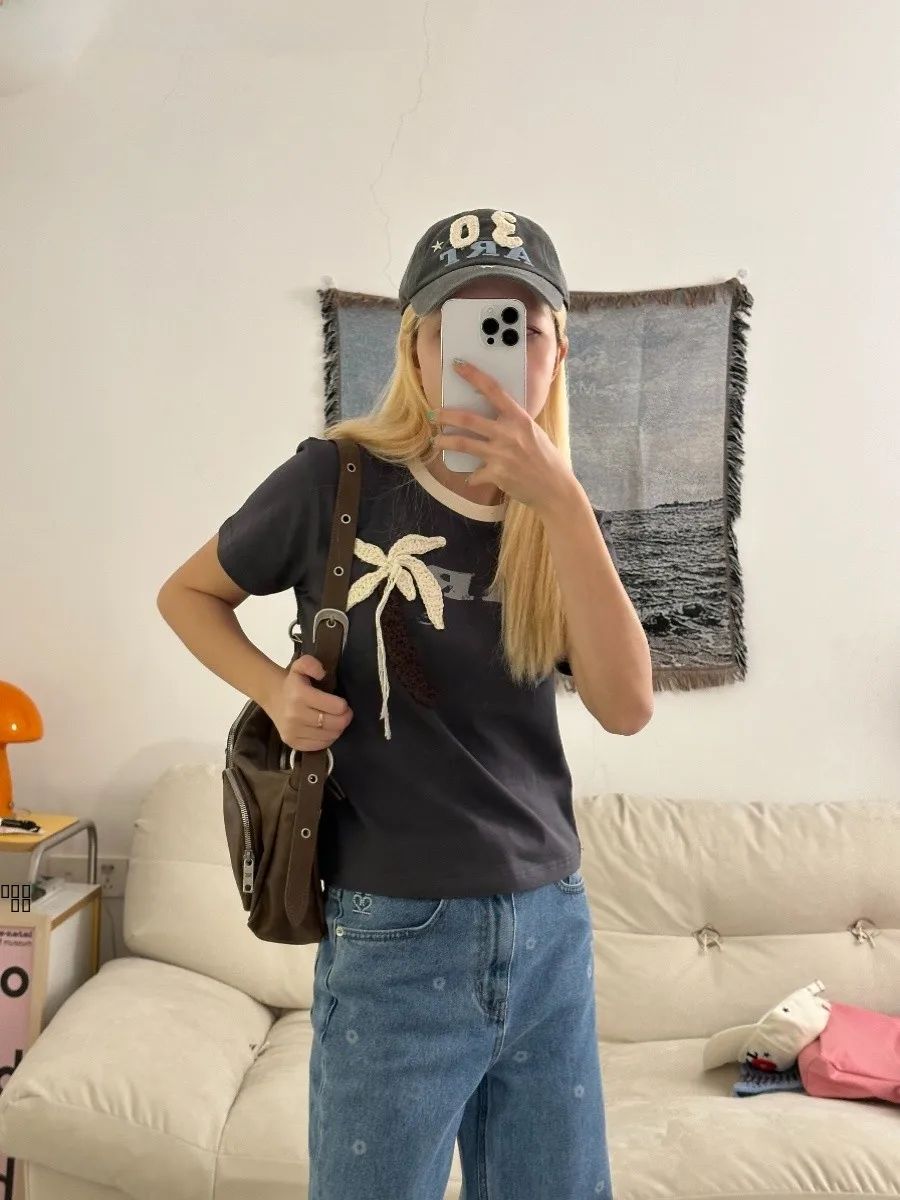 

Женская трикотажная футболка BLUEDOT KIJUN с узором «ореховое дерево», облегающая, для лета, повседневная, с круглым вырезом...