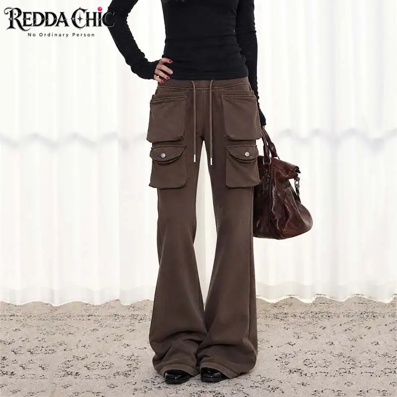 REDDACHiC Drawstring Flared Sweat Pants Women Vintage Mulit-pocket Low Waist Relaxed Fit Cargo Bootcut Pants Versatile Bottoms