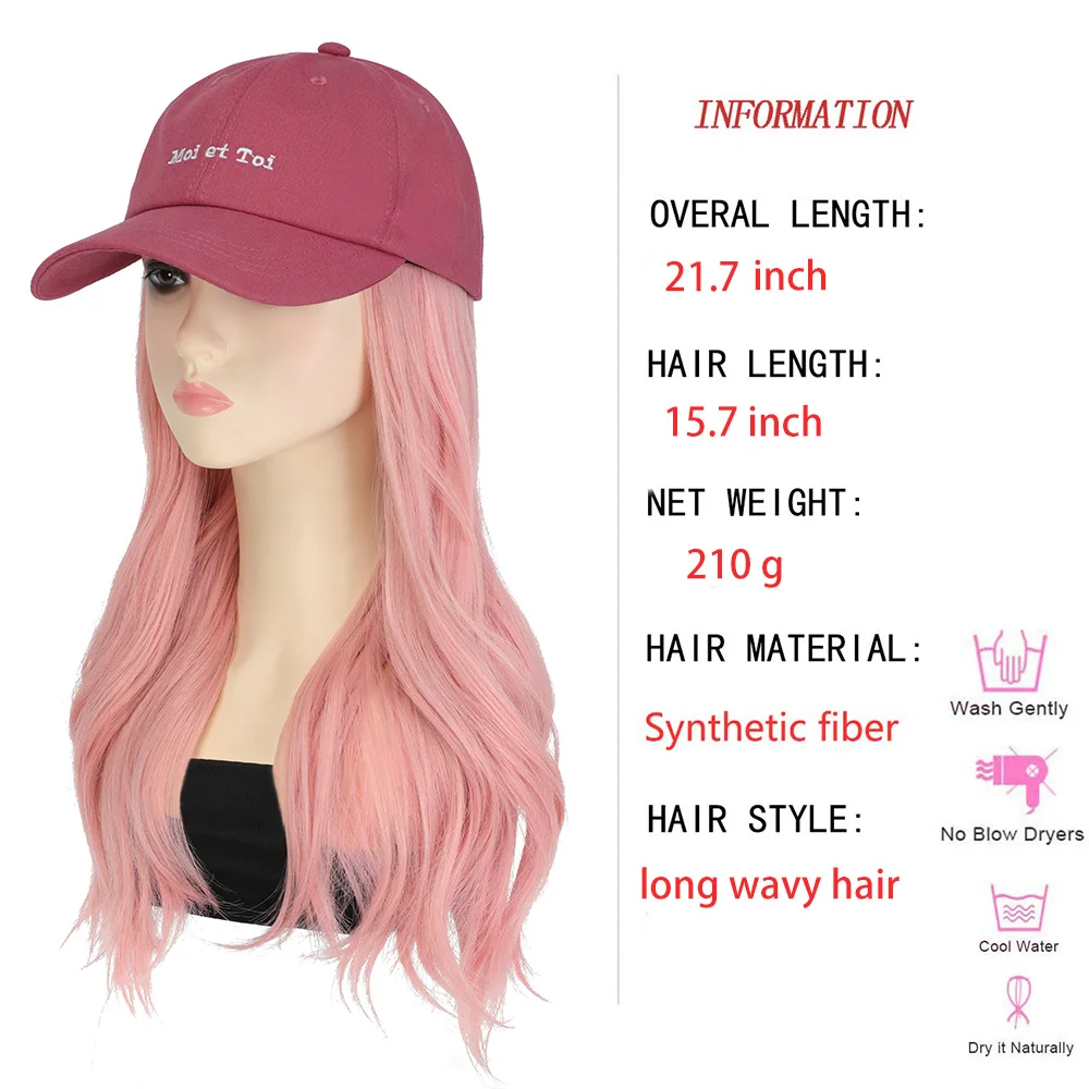 Shangzi Pink Long Wavy Synthetic Wig Baseball Cap with Hair Extensions Blonde Hat Wigs Bone Natural Black Connect Wig Adjustable