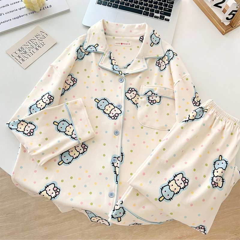 

Cute Sanrio Hello Kitty Anime Women Pajamas Cartoon KT Cat Printing Warm Long-sleeved Pants Two-piece Loose Comfortable Homewear