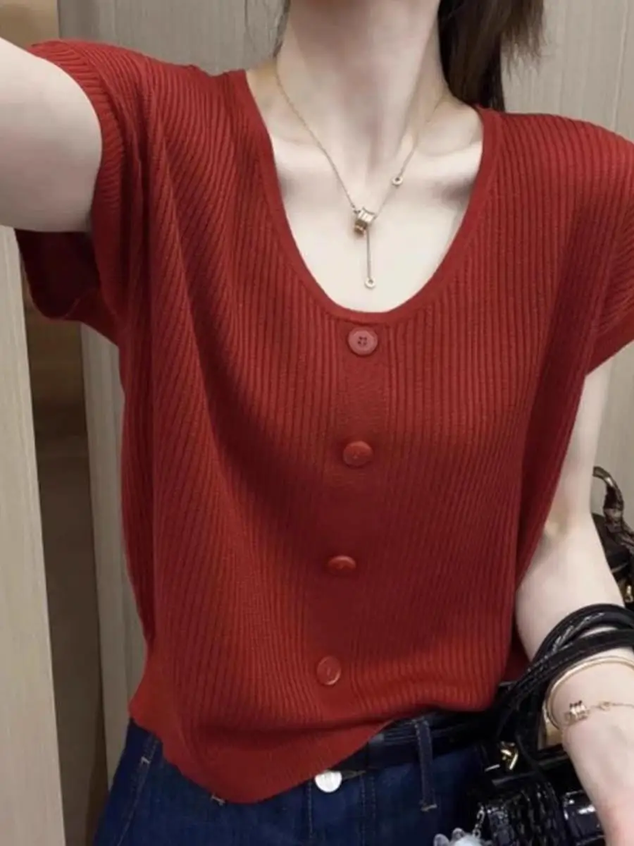 韓国スタイルアイスシルクニットトップ女性の半袖ベースレイヤーシャツ夏ファッショナブルな痩身3点セット