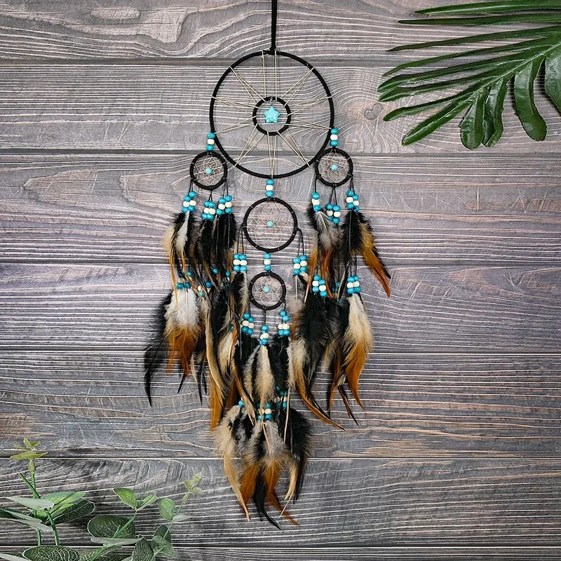 Vintage Ethnic Black Multi‑Circles Dreamcatcher Wall Ornament Handmade Woven Feather Wall Hanging Decor for Bedroom Living Room.