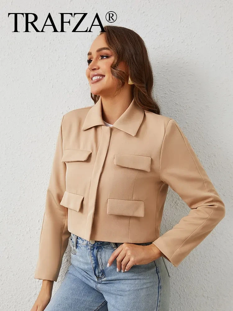 TRAFZA Women Casual Solid Short Coat Vintage Turn-Down Collar Long Sleeve Jacket With Front Flap Pocket Autumn Female Coat