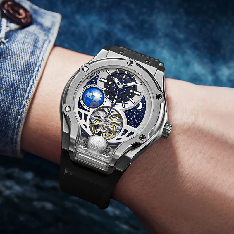 HANBORO Men Automatic Watch 44mm Mechanical Wristwatches Luminous Waterproof Skeleton Dial Rubber Strap Earth 24 Hours