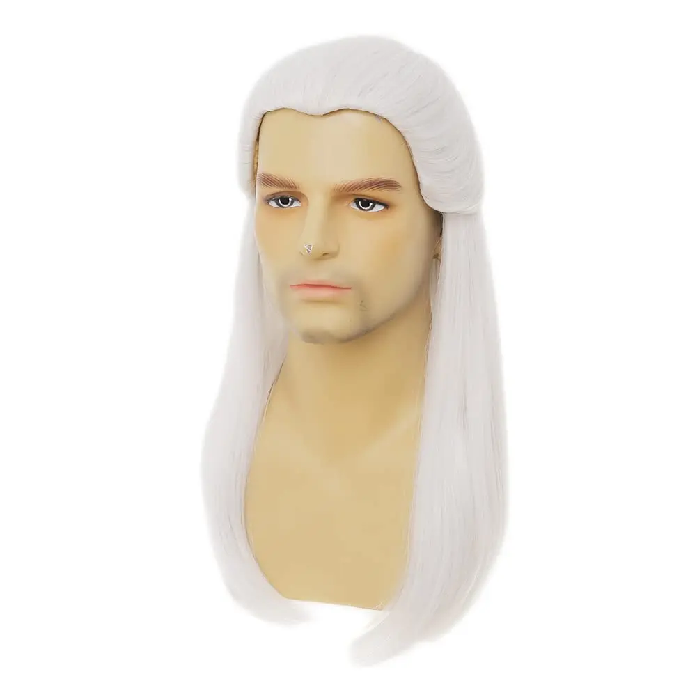 Peluca de Cosplay de Geralt of Rivia, pelucas de pelo sintético liso blanco plateado para hombres, disfraz de juego novedoso para fiesta y Halloween