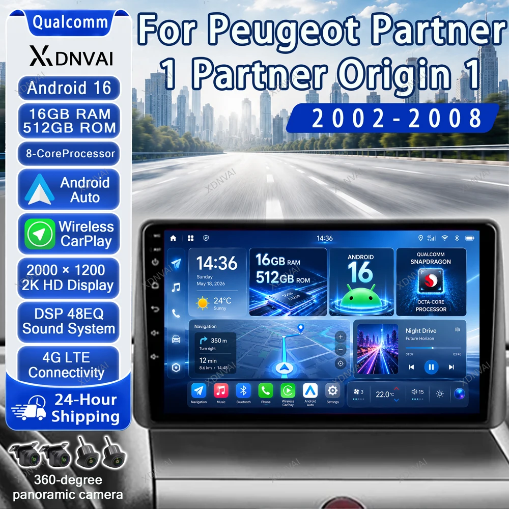 Android 16 Video Player For Peugeot Partner 1 2002 - 2008 Partner Origin 1 2008 - 2011 Multimedia Car Radio Carplay 4G LTE GPS