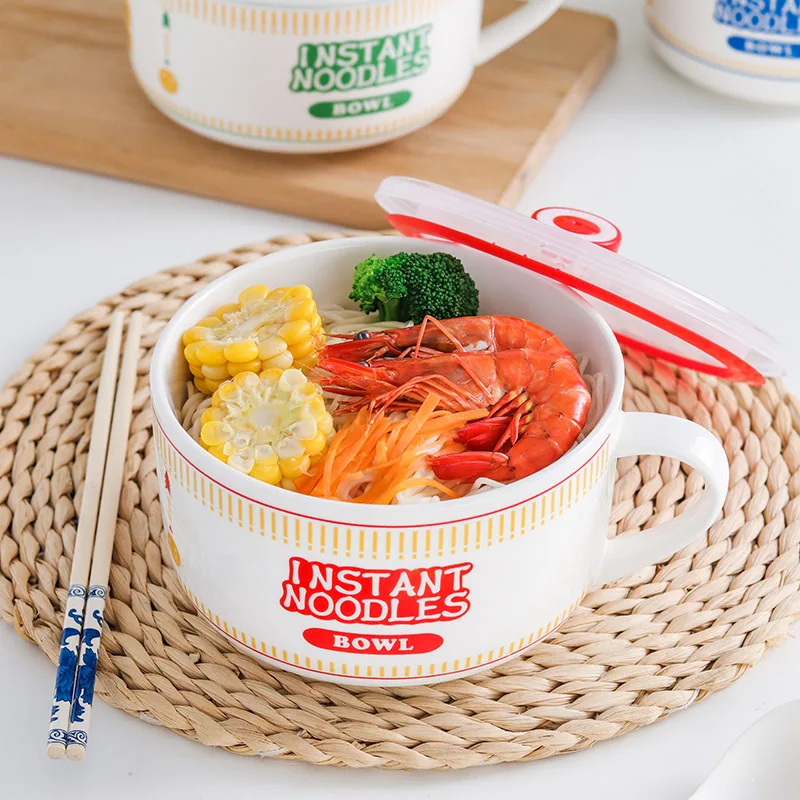 1pc Large Capacity Ceramic Instant Noodle Bowl with Cover，Perfect for Dorms and Home Kitchens - Keep Your Noodles Fresh and Warm