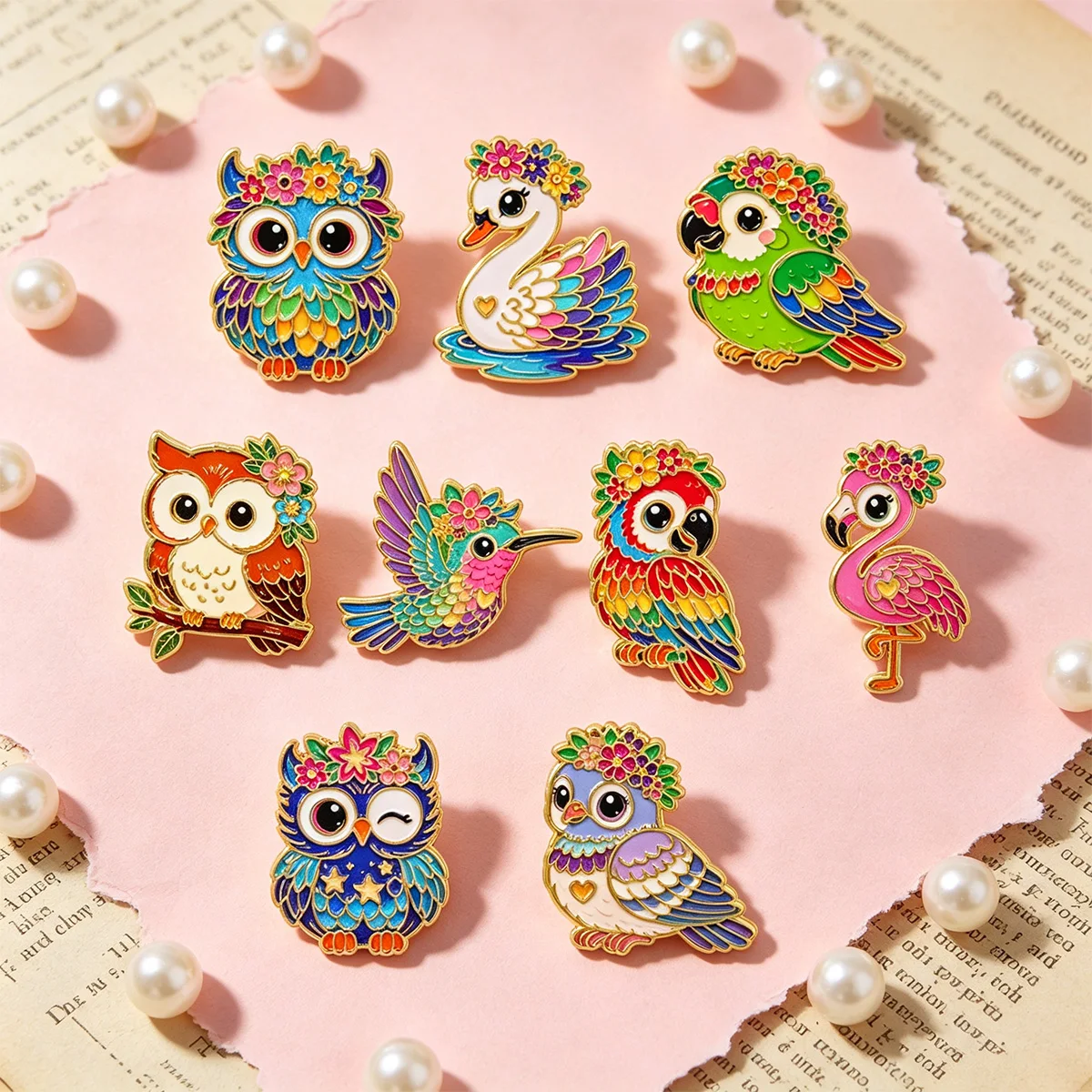 9pcs/Set Colorful Flower Bird Owl Enamel Pin Cute Parrot Flamingo Metal Lapel Badge Jewelry Clothes Backpack Accessories Gifts