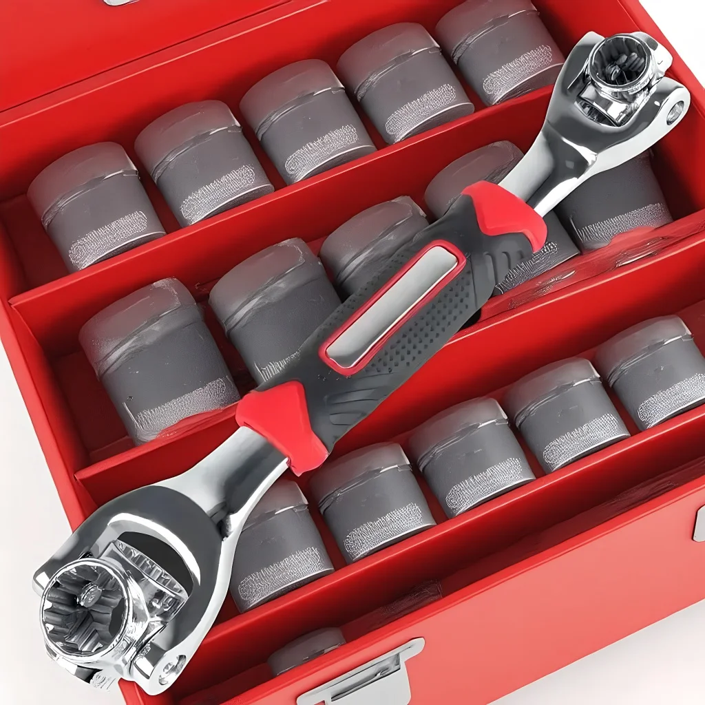

360° Rotation Double End Wrench - 52-in-1 Multi-Purpose Tool with 8-19mm Torque Socket & 12-Tooth Ratchet