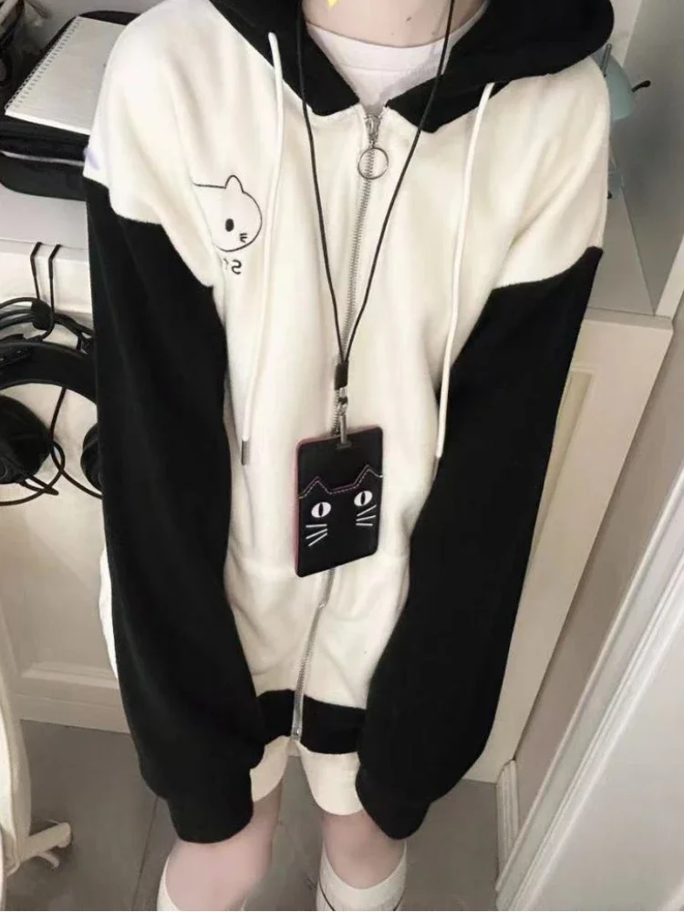 

Harajuku большие толстовки с капюшоном, уличная одежда, винтажные контрастные пальто, женские свободные эстетические куртки Y2k, 2025 г., повседневные топы на молнии в стиле гранж