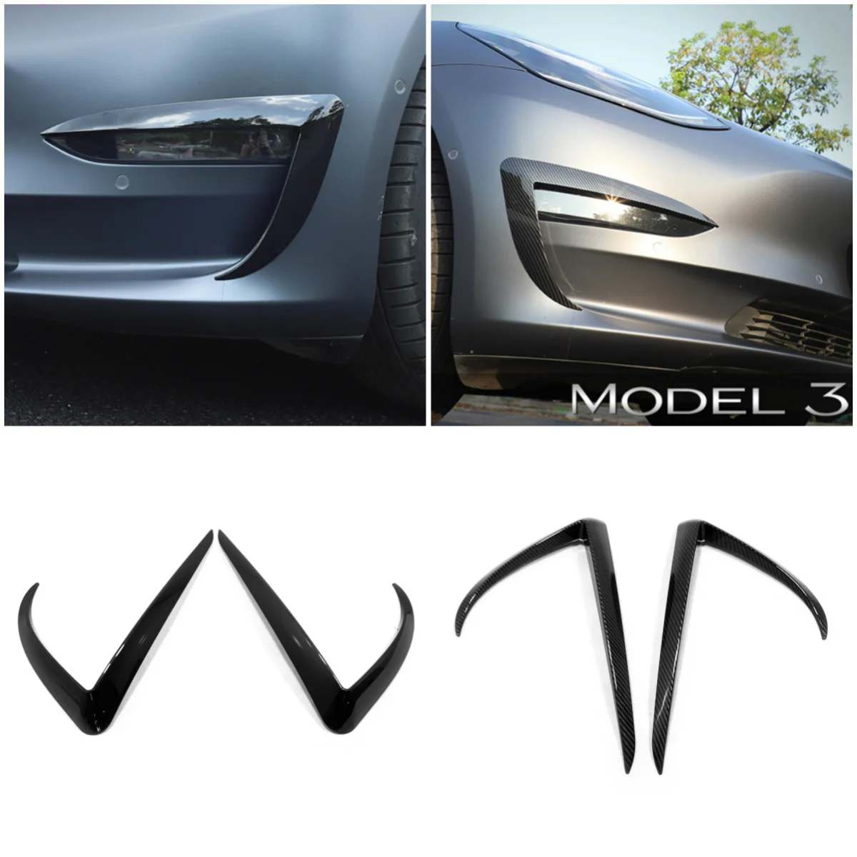 

For Tesla Model 3 2017-2022 2021 Auto Accessories Carbon Fiber ABS Fog Lamp Decoration Car Front Fog Lights Blade Trim