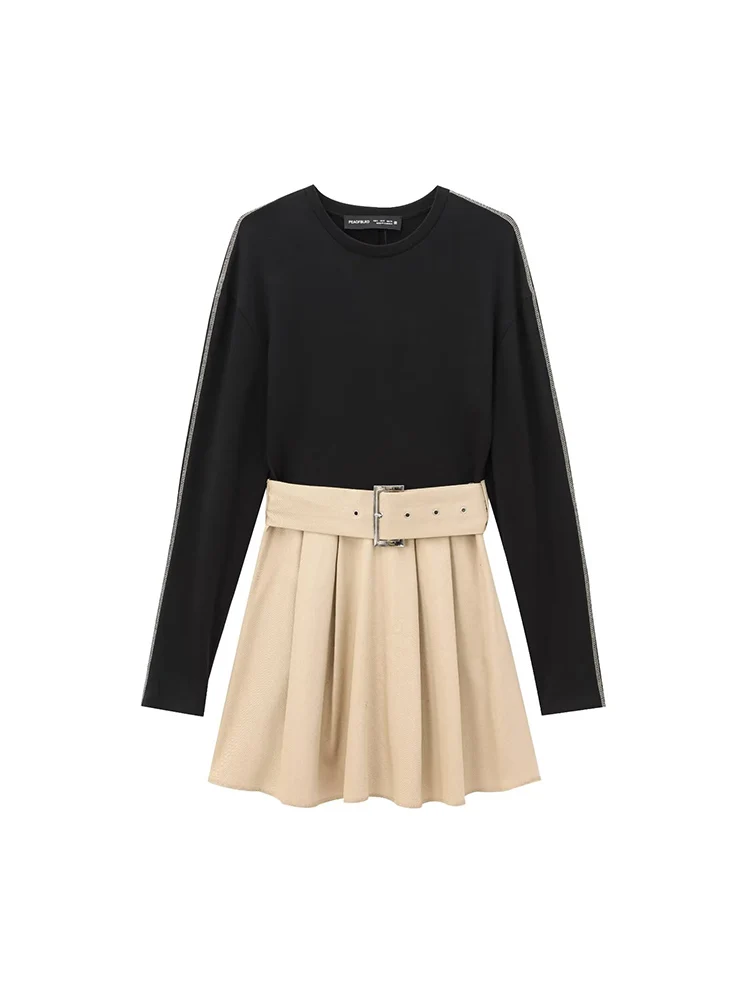 

Autumn and Winter New Arrivals Women's Clothing Contrast Color Belt Splicing Round Neck Long Sleeve Short Dress