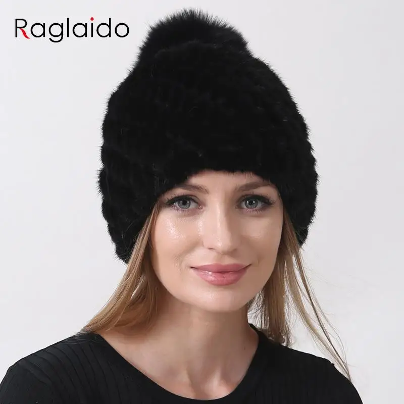

Knitted Mink Hat 2023 Winter Women Pompom Natural Fur Hats Striped Elastic Warm Thick Stylish Lady Outdoor Hat